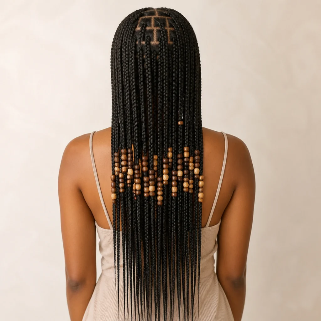 Back view of long jumbo box braids with beads placed only through the middle third of each length, creating a floating band of accents
