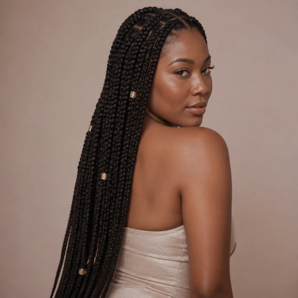 Three-quarter back view of waist-length jet-black jumbo box braids accented with flat rose-gold hair rings spaced through the lengths