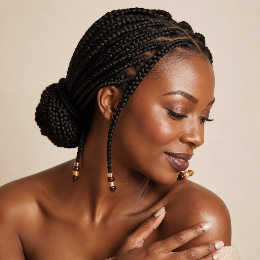 Side view of jumbo box braids in a soft low bun with two or three beaded braids left loose at the nape