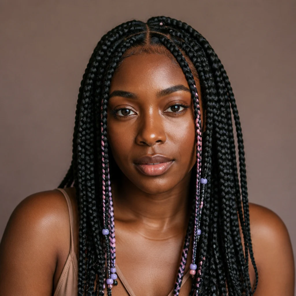 Front-facing view of mixed-size jumbo box braids, a few thinner braids blended in, threaded with soft pastel pink and lavender beads