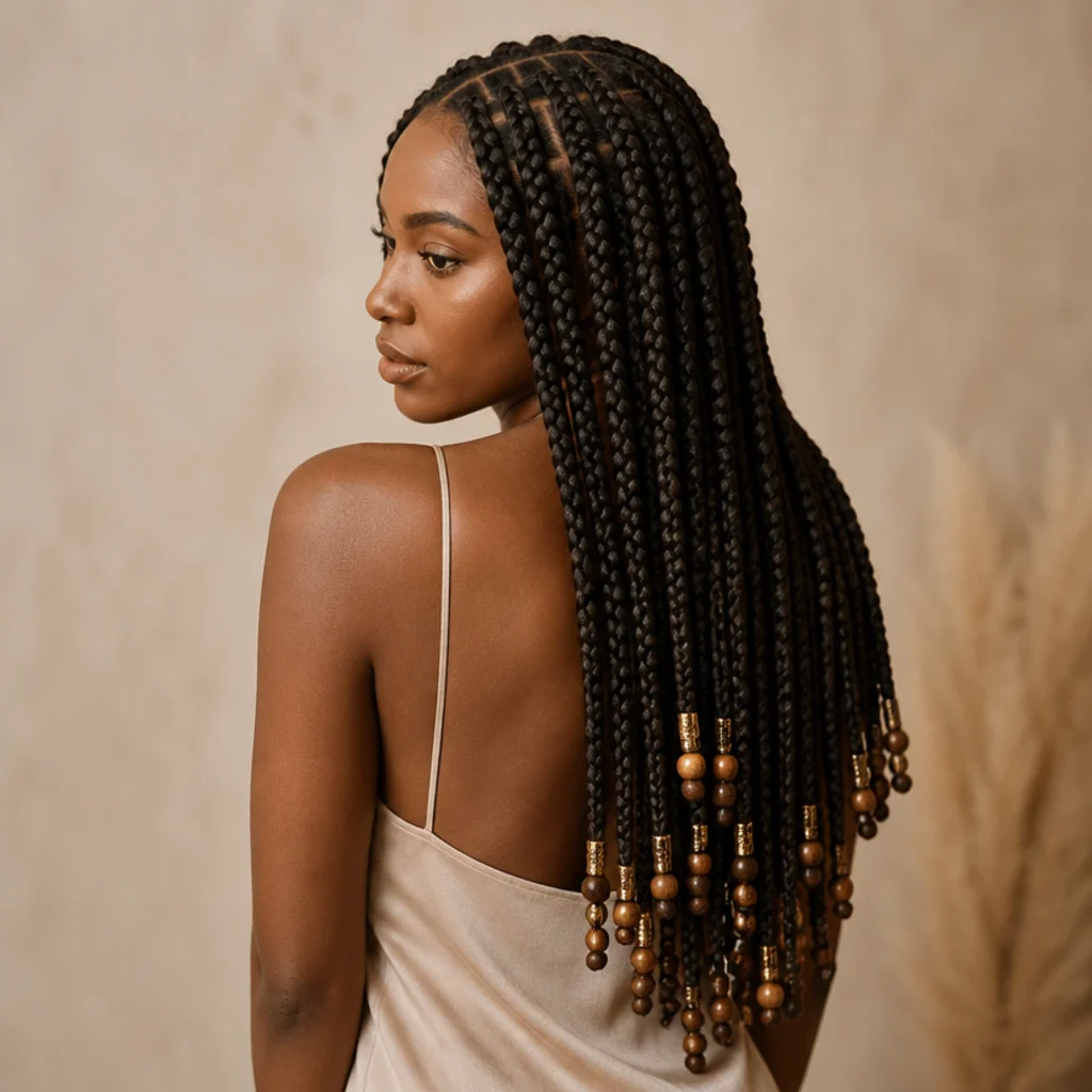 Black woman in three-quarter back view wearing waist-length jumbo box braids threaded with wooden and gold beads