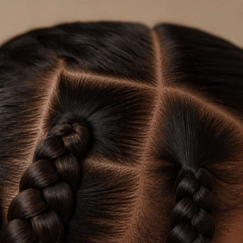 Side-by-side close-up comparing a knotted jumbo braid root and a smooth feed-in knotless root on deep brown hair