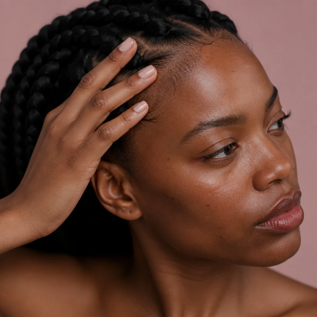 Three-quarter view of a model gently pressing fingertips against a soft knotless braid root with relaxed scalp tension