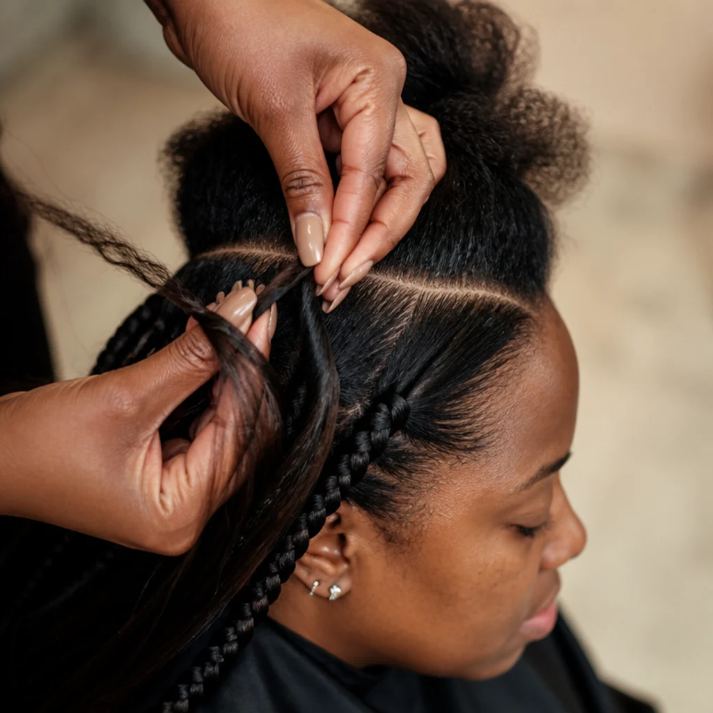 Overhead salon angle showing a braider feeding extension hair into a large clean parted section on a model