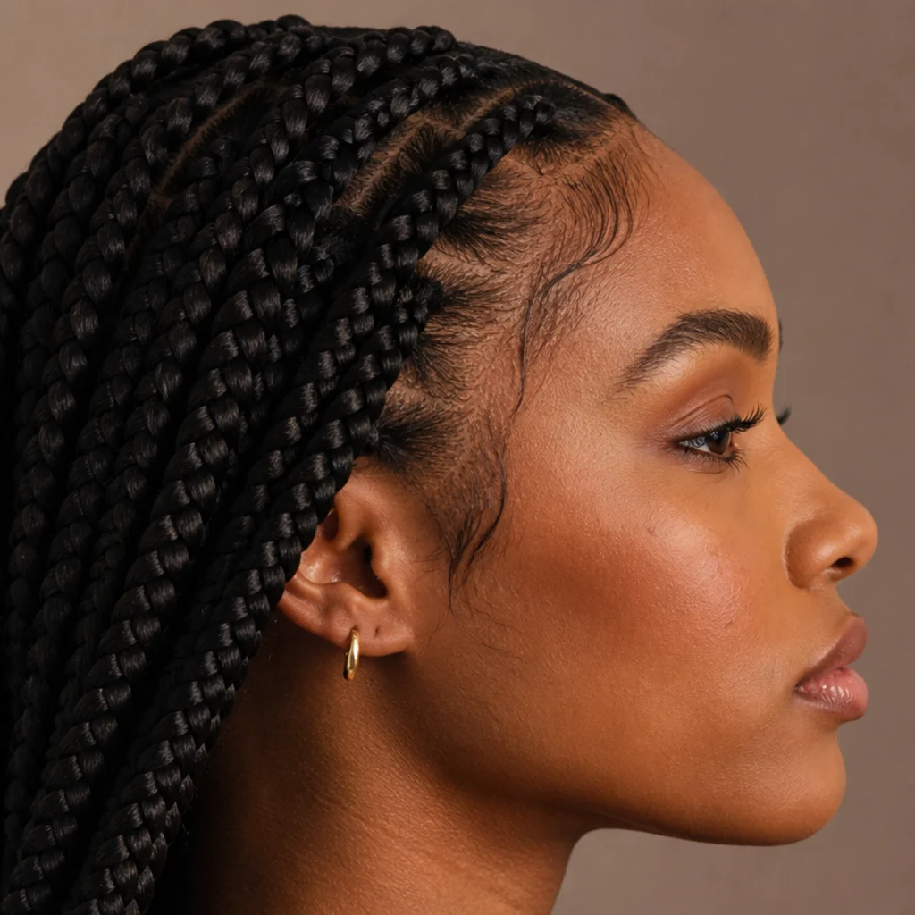 Close profile of a natural hairline framed by soft jumbo knotless braids with baby hairs left out