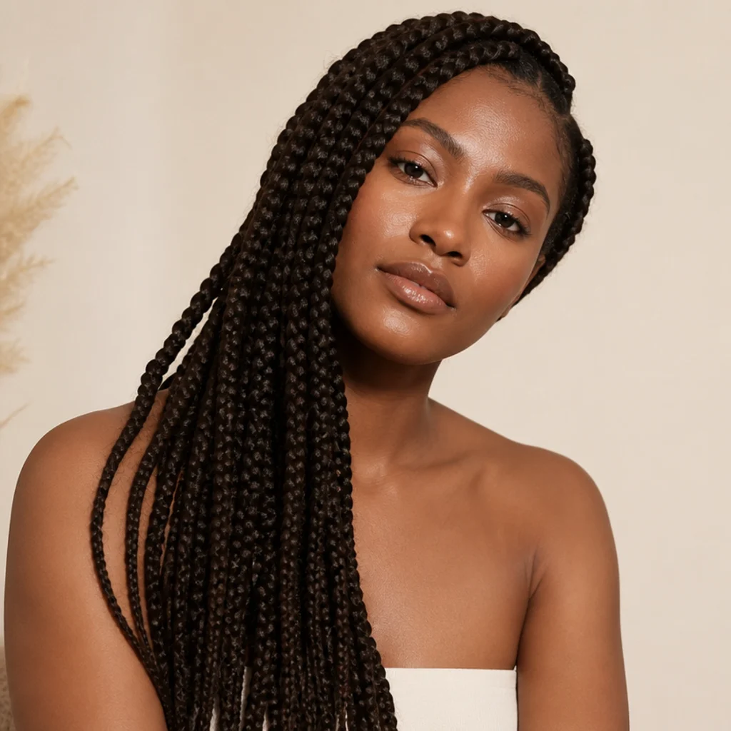 Model tilting head to show long jumbo braids draping over one shoulder with relaxed comfortable movement