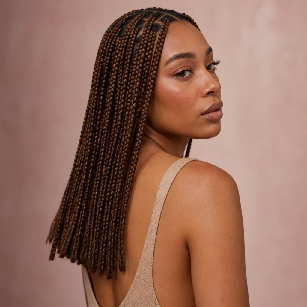 Three-quarter back view of medium jumbo knotless box braids at mid-back length on a warm brown model