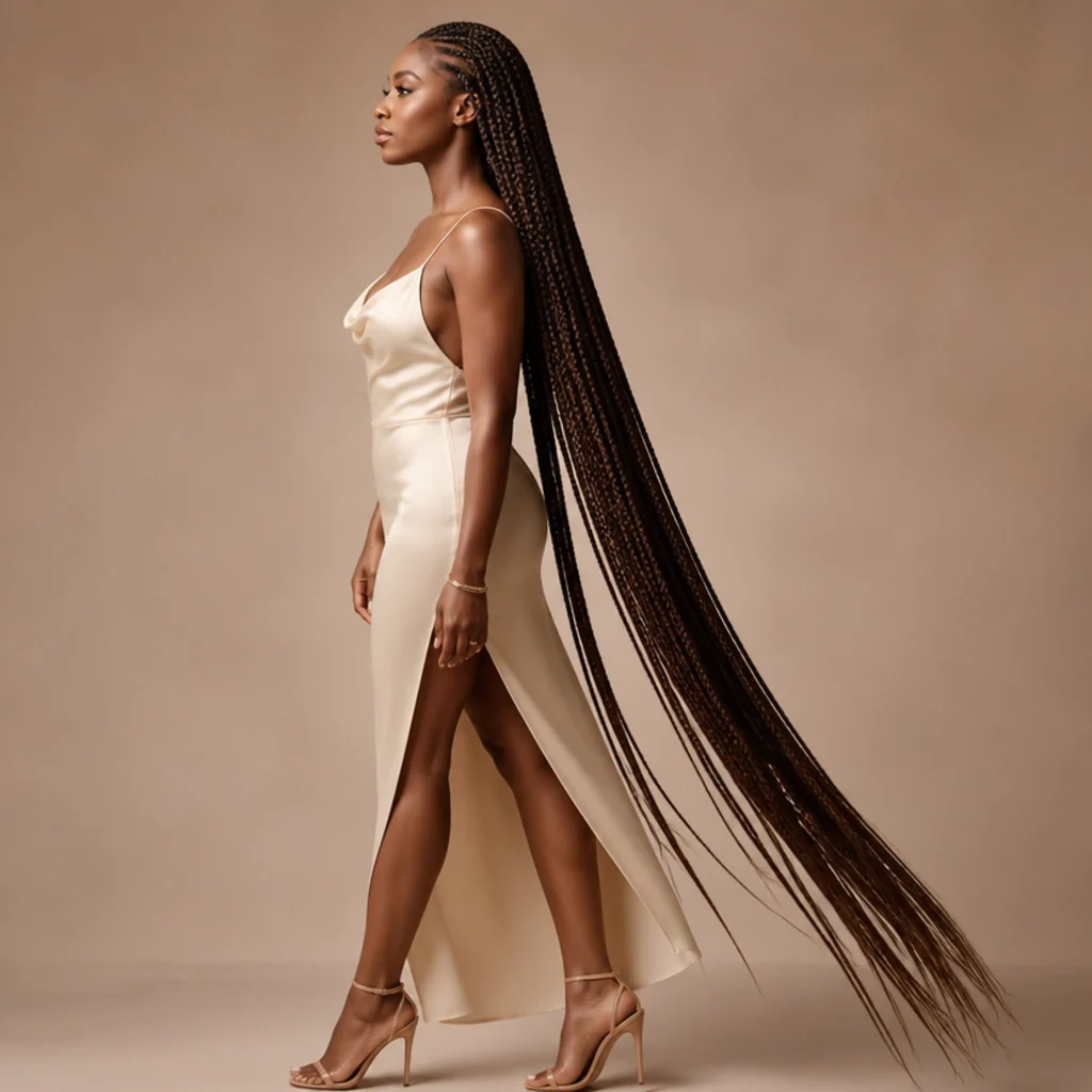 Full-length side view of a model with floor-skimming long jumbo knotless braids in a rich espresso tone