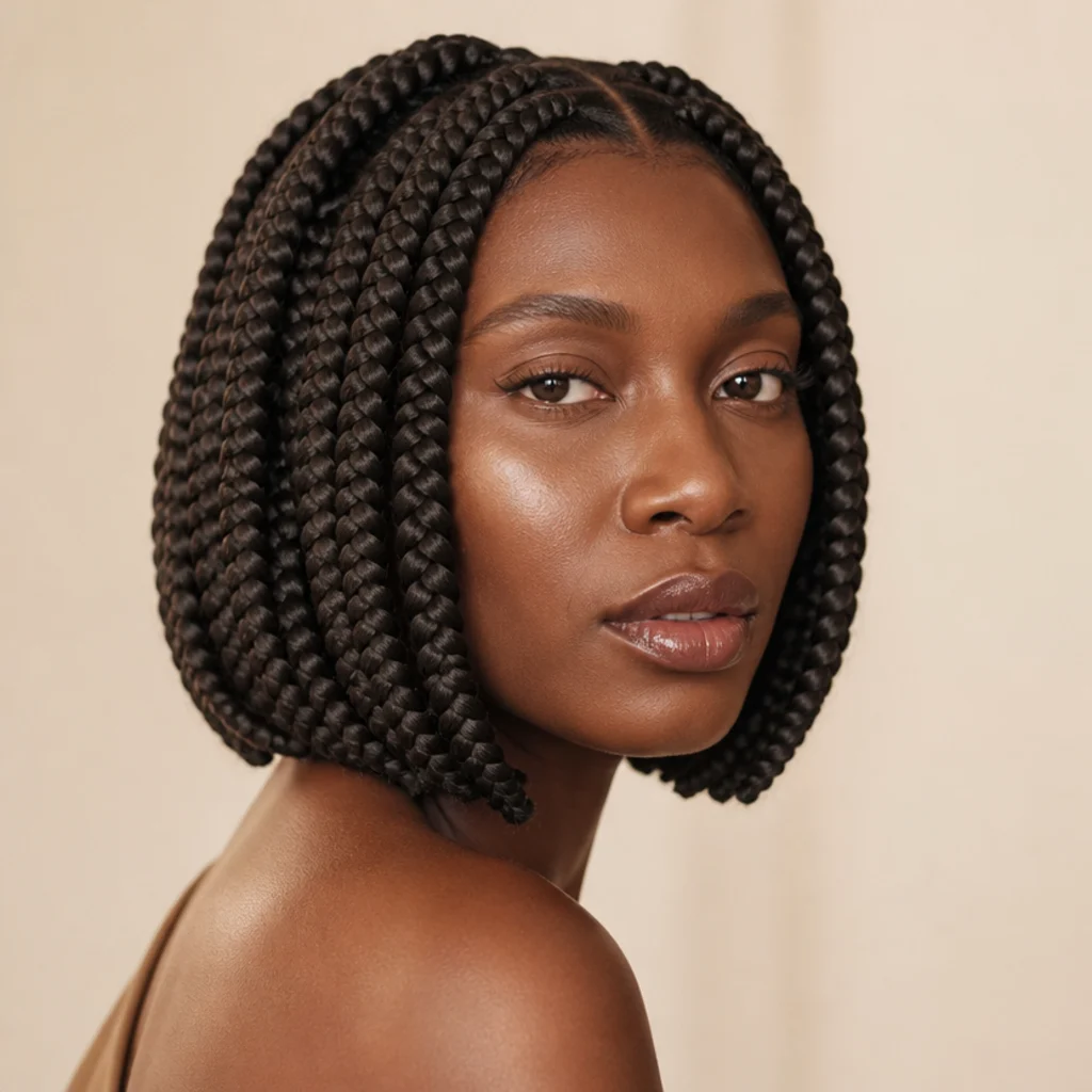 Chin-length jumbo box braid bob on a round-faced model shown from a three-quarter angle