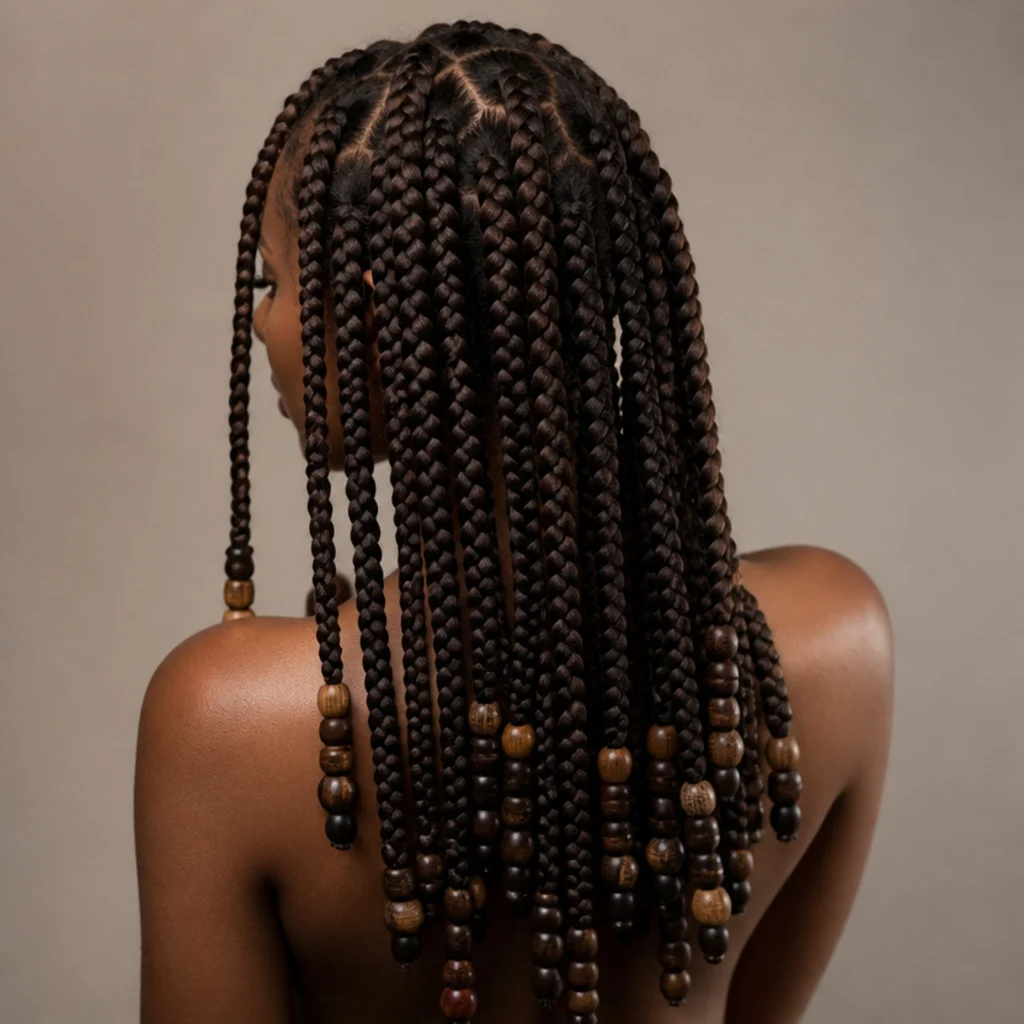 Back view of jumbo box braids with wooden and matte beads threaded on the ends over a taupe backdrop