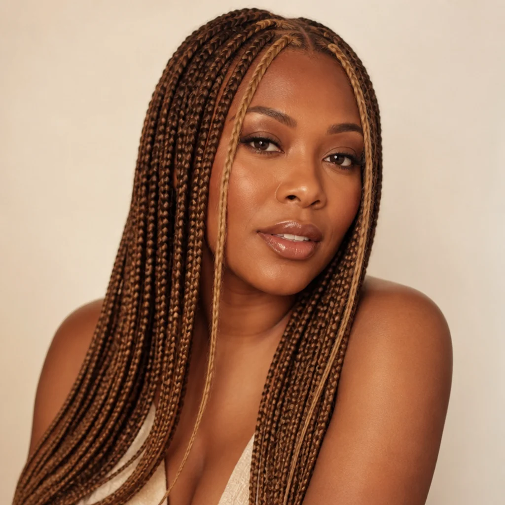 Model with jumbo knotless braids in a blended honey and dark brown two-tone shown in soft studio light
