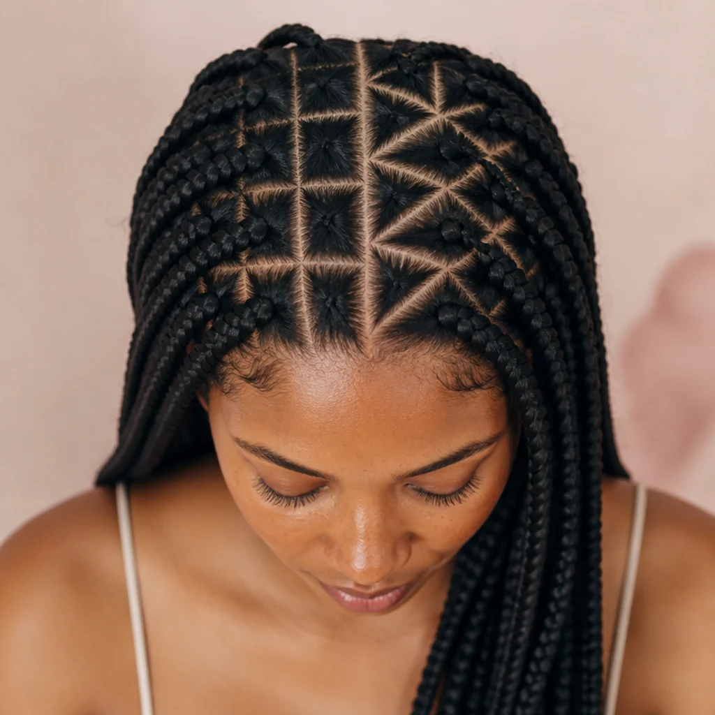 Overhead view comparing a clean center part and a geometric triangle part on jumbo braids