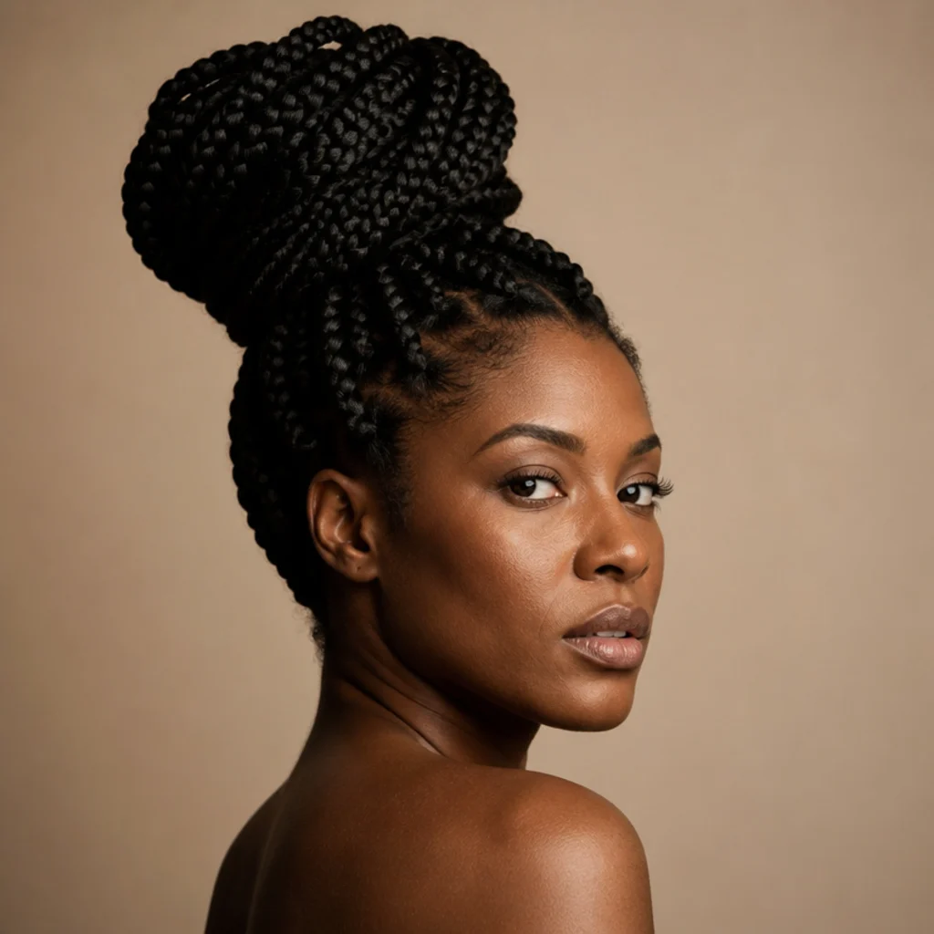 Model wearing jumbo braids gathered into a high sculptural bun shown from a three-quarter angle