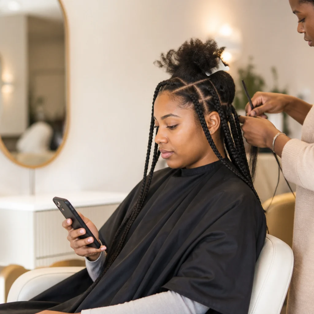 Model checking the time on a phone while seated for a braid appointment in a bright salon