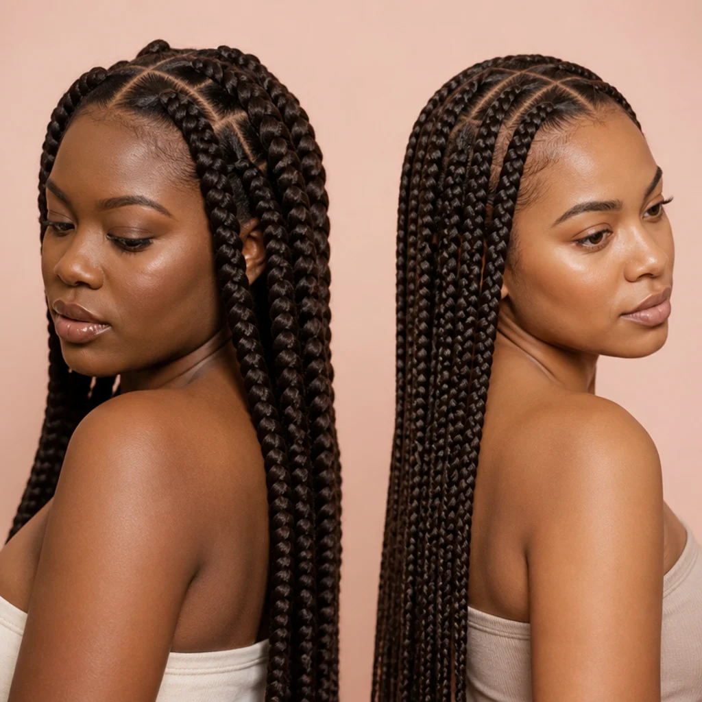 Two models side by side, one in knotted jumbo braids and one in jumbo knotless braids, on a blush background