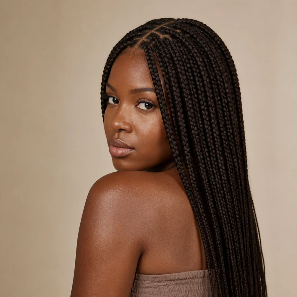 Black model shown from three-quarter back angle wearing long jumbo knotless box braids with a clean center part
