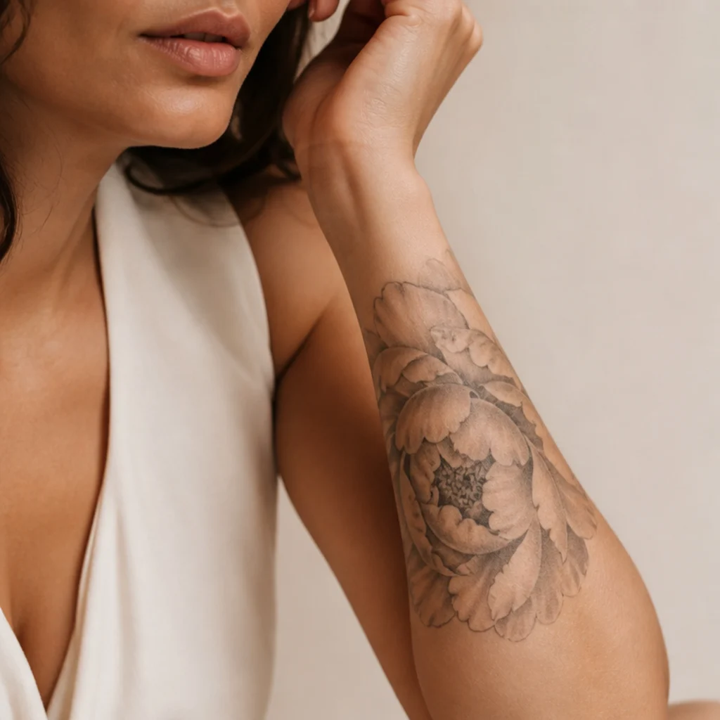 Large peony cover-up tattoo layering blush petals over charcoal shading on a woman's inner forearm