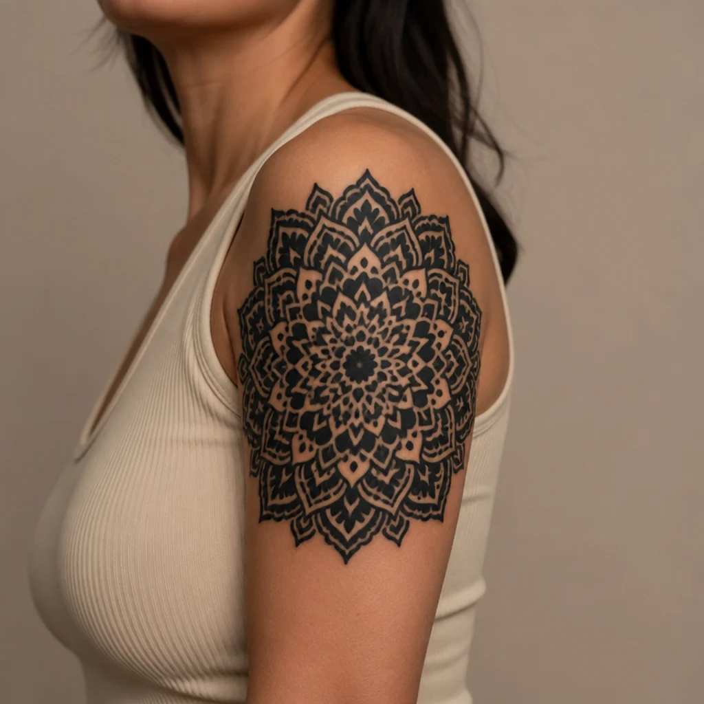 Symmetrical blackwork mandala cover-up tattoo with dense radial linework on a woman's upper arm in warm light