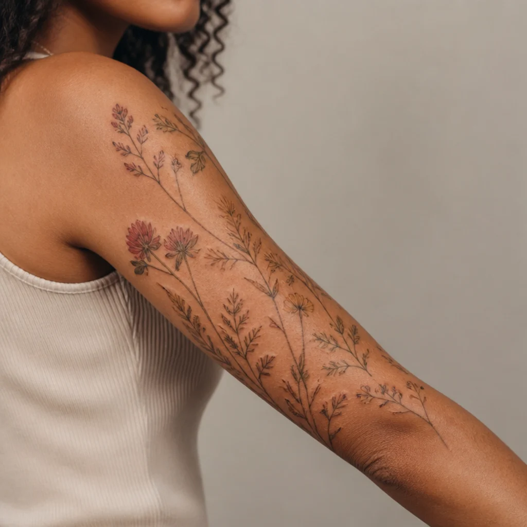 Trailing wildflower half-sleeve cover-up tattoo winding buds and thin stems along a woman's forearm on a taupe backdrop