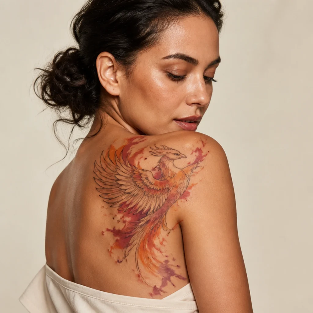 Watercolor phoenix cover-up tattoo with orange and violet washes over inked wing outlines on a woman's shoulder