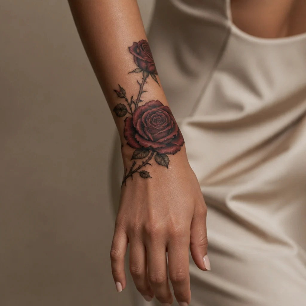 Dark rose and thorn cover-up tattoo wrapping burgundy blooms and a winding stem around a woman's wrist and lower forearm