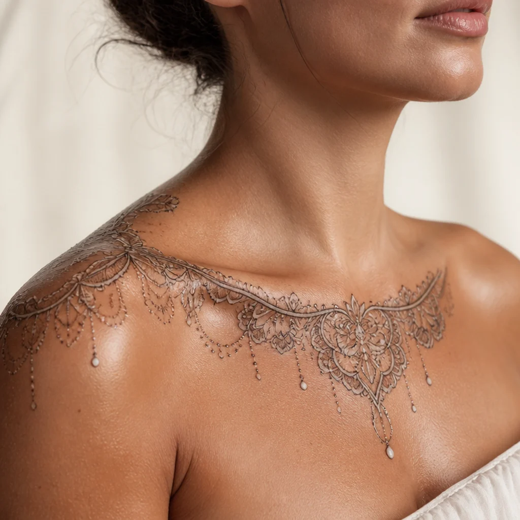 Ornamental lace and pearl cover-up tattoo draping filigree and dotwork over a woman's shoulder in soft light