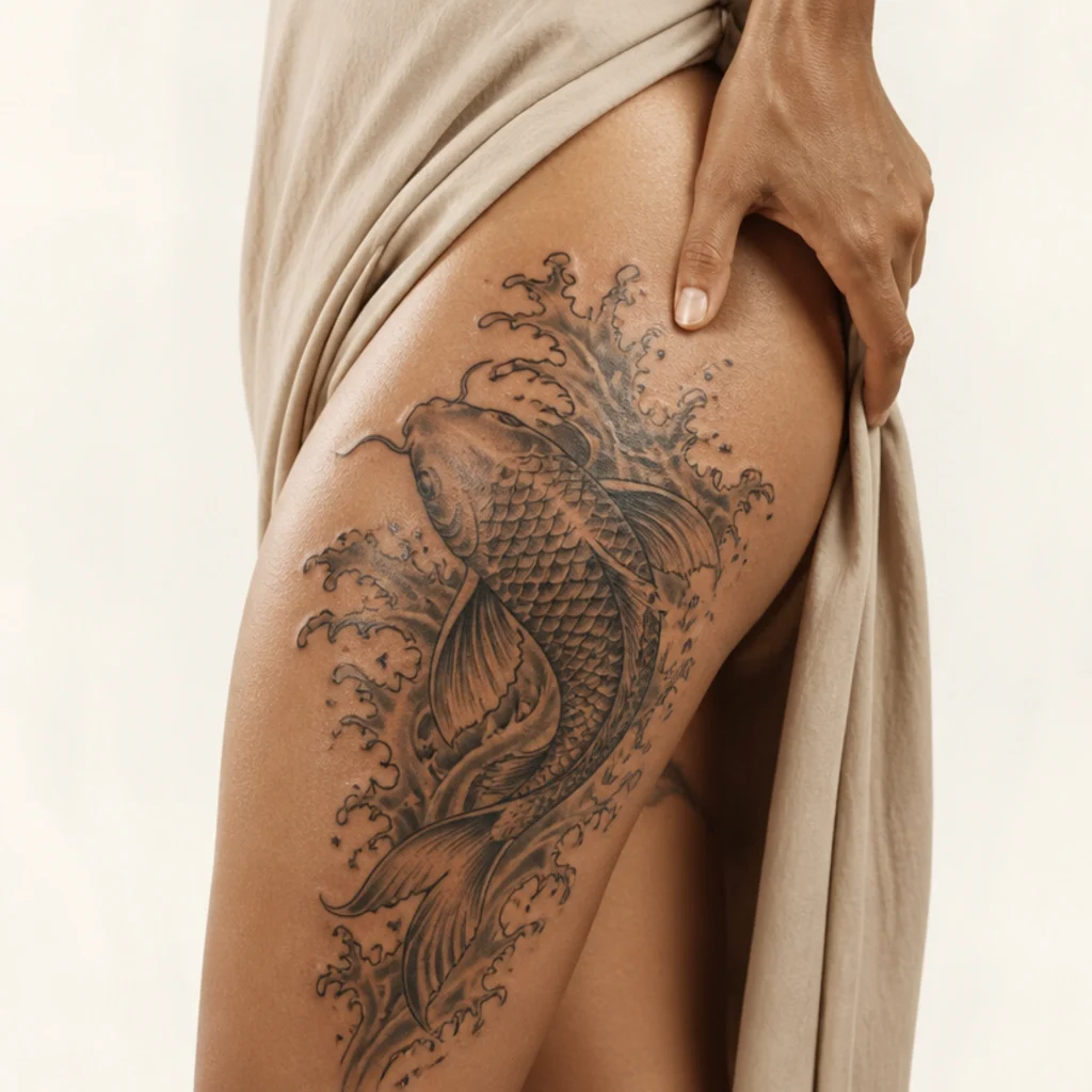 Koi fish cover-up tattoo swimming through stylized water ripples along a woman's outer thigh on an ivory backdrop