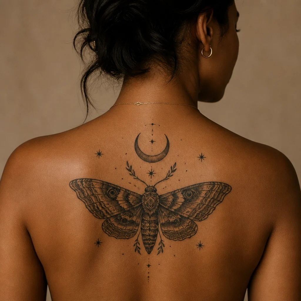Luna moth and crescent moon cover-up tattoo with patterned wings centered on a woman's upper back
