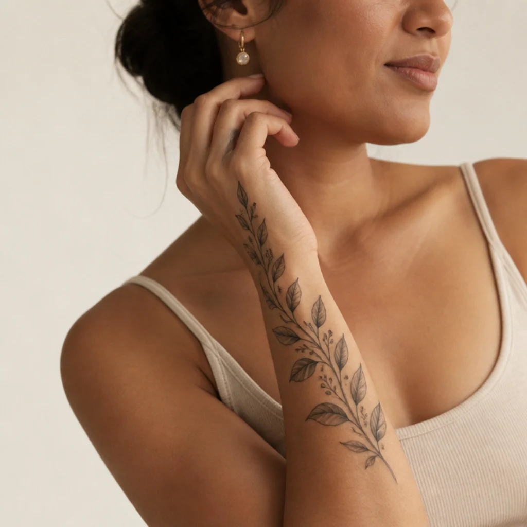 Floral cover-up tattoo routing leaves and buds over old script lettering on a woman's inner forearm