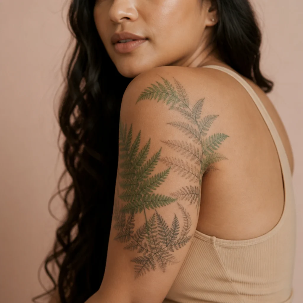 Delicate fern cover-up tattoo spreading feathery fronds across a woman's shoulder and upper arm