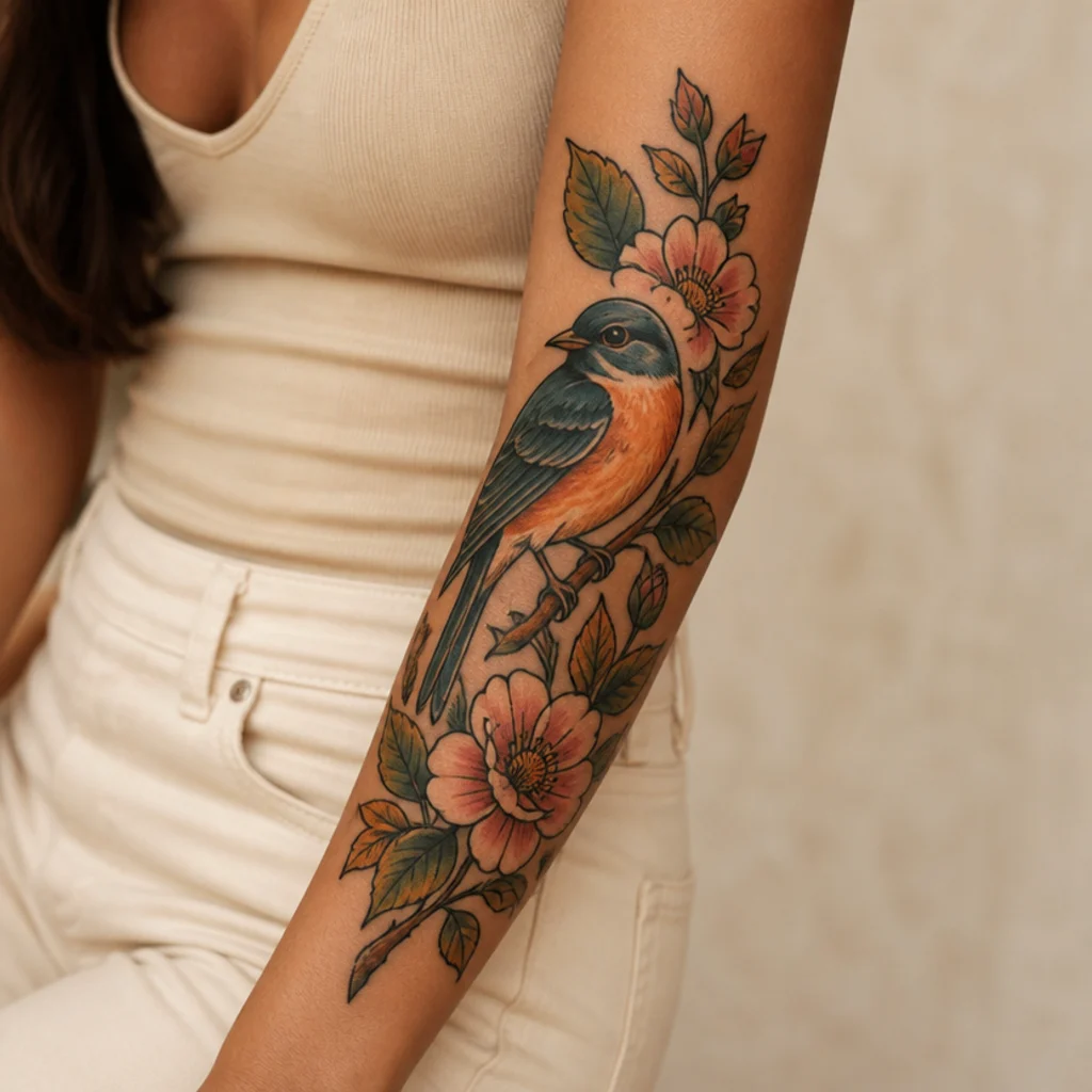 Neo-traditional songbird and blossom cover-up tattoo with bold outlines and saturated color on a woman's outer forearm
