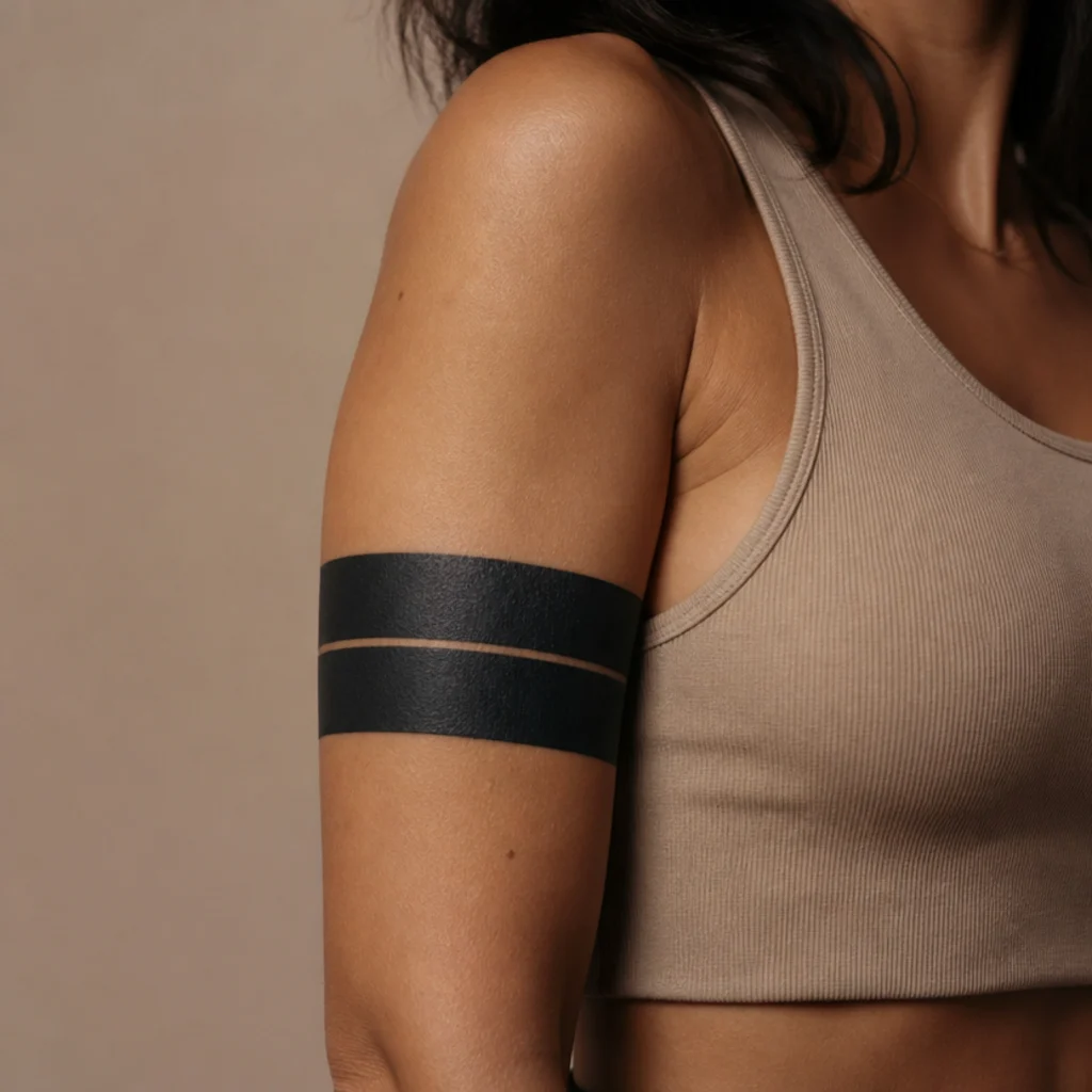Solid blackout band cover-up tattoo with a thin negative-space line wrapping a woman's upper arm