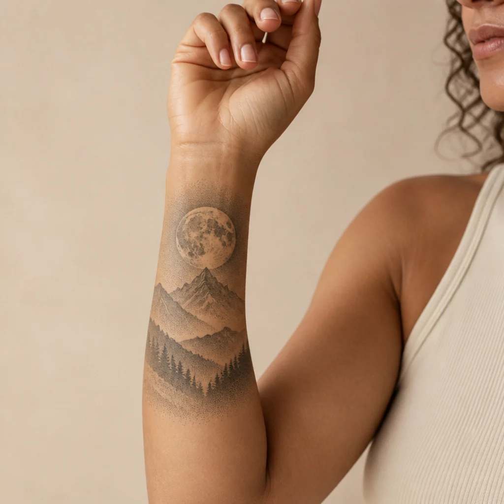 Dotwork moon and mountain cover-up tattoo built from soft grey stippling on a woman's inner forearm