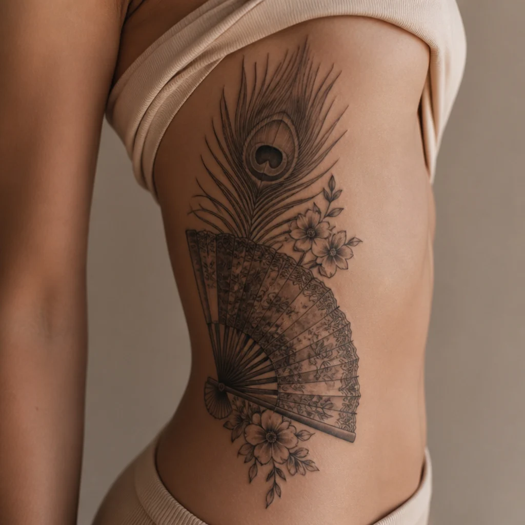 Vintage fan and peacock feather cover-up tattoo forming a long ornate shape along a woman's ribs and side
