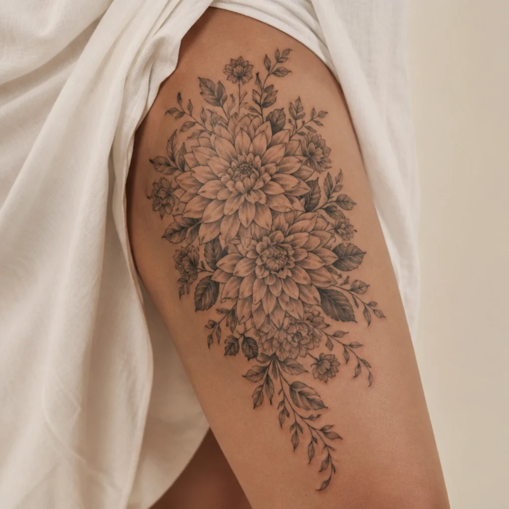 Layered dahlia and foliage cover-up tattoo filling a woman's thigh with petals and trailing leaves in warm studio light