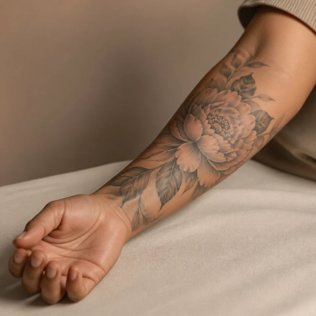 Woman's forearm with a large peony and leaf cover-up tattoo in soft warm studio light