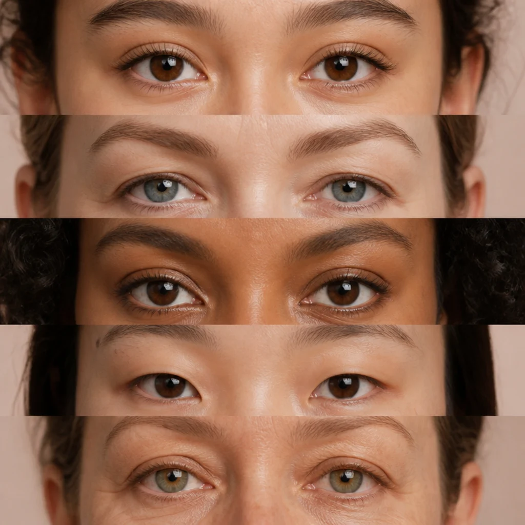 Illustrated eye shapes chart with almond, hooded, round, monolid, and downturned eyes clearly labeled