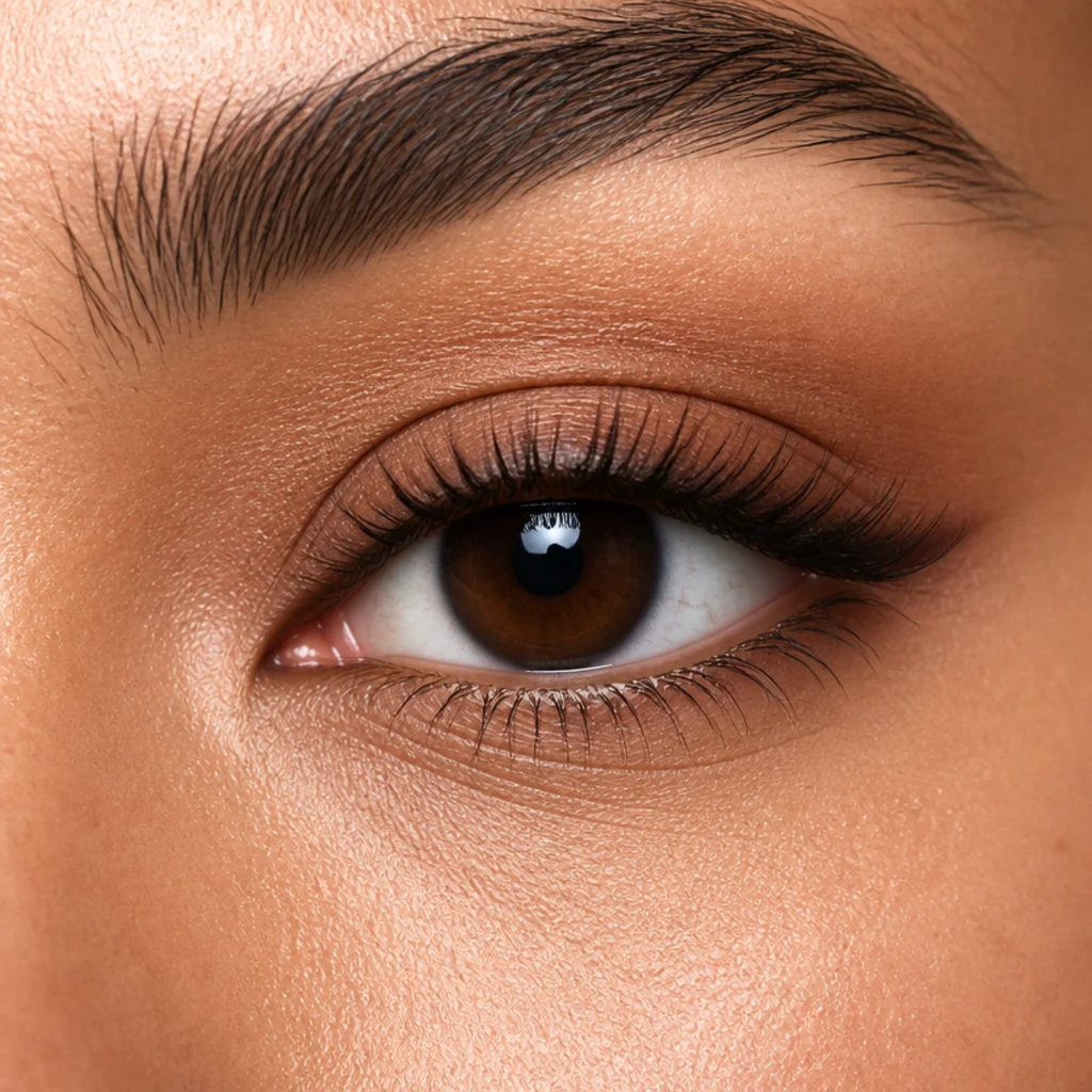 Almond eye close-up with graduated lash lengths, longest through the center, creating a soft balanced lift