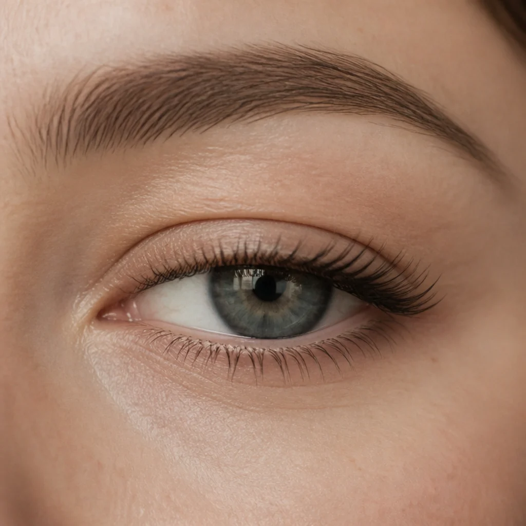 Hooded eye with extra lash length and stronger curl concentrated at the outer third to open the covered lid