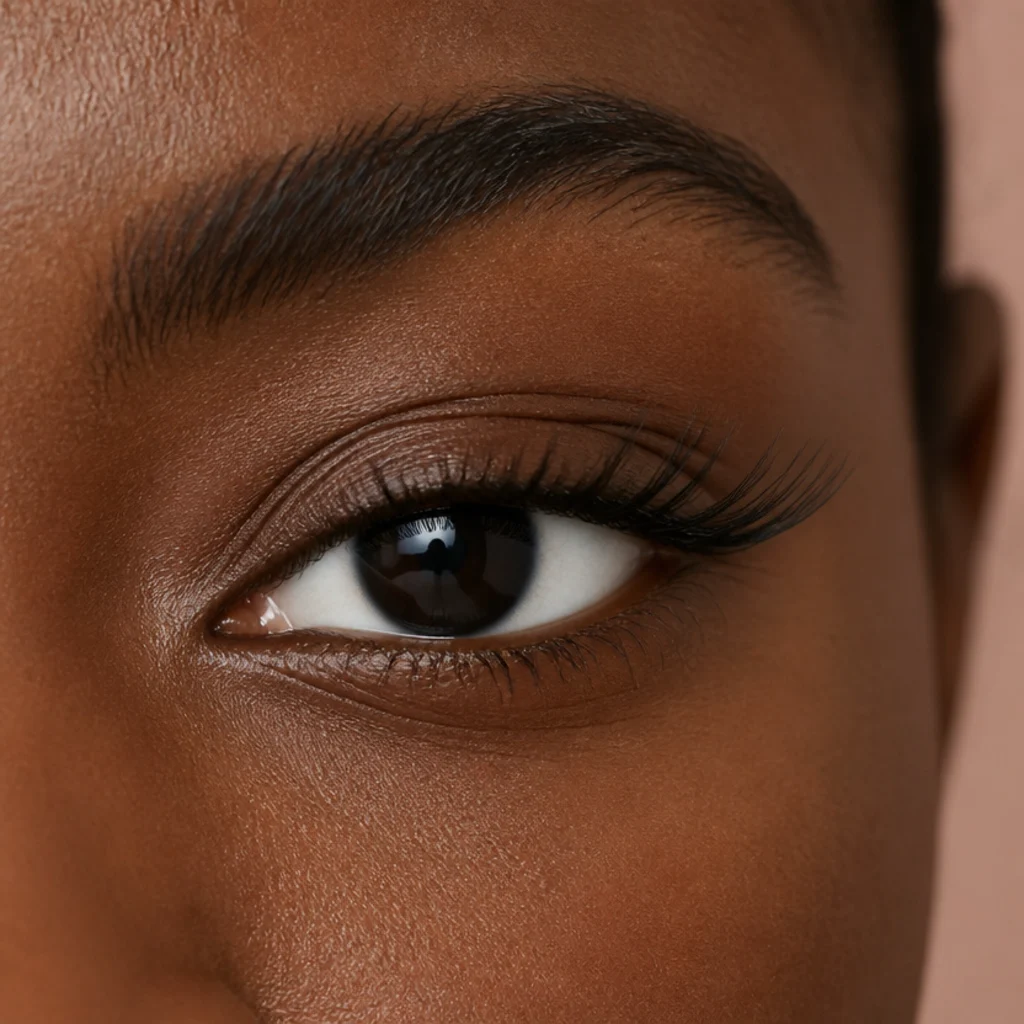 Round eye with a cat-eye lash map extending length dramatically at the outer corner for a horizontal pull