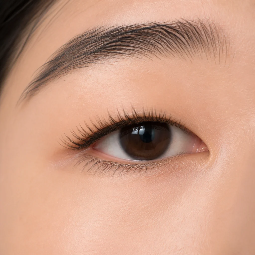 Monolid eye close-up with strong curl and forward length lifting the lash line up and off the flat lid