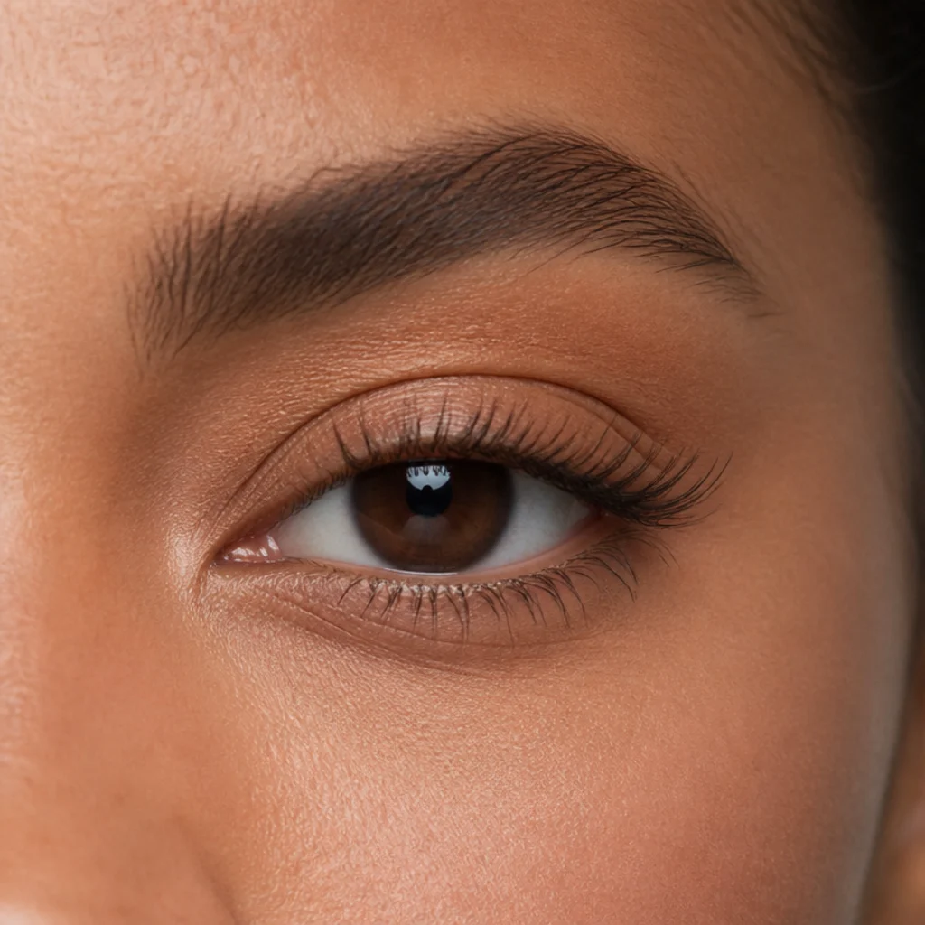 Downturned eye with lash length and curl lifting sharply at the outer corner to counter the natural drop