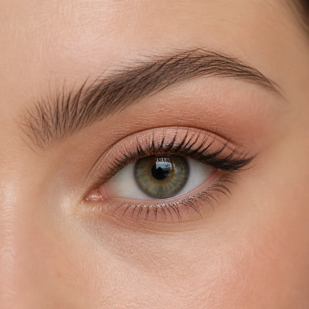 Upturned eye with balanced upper lashes and subtle added lower-lash length at the outer corner for symmetry