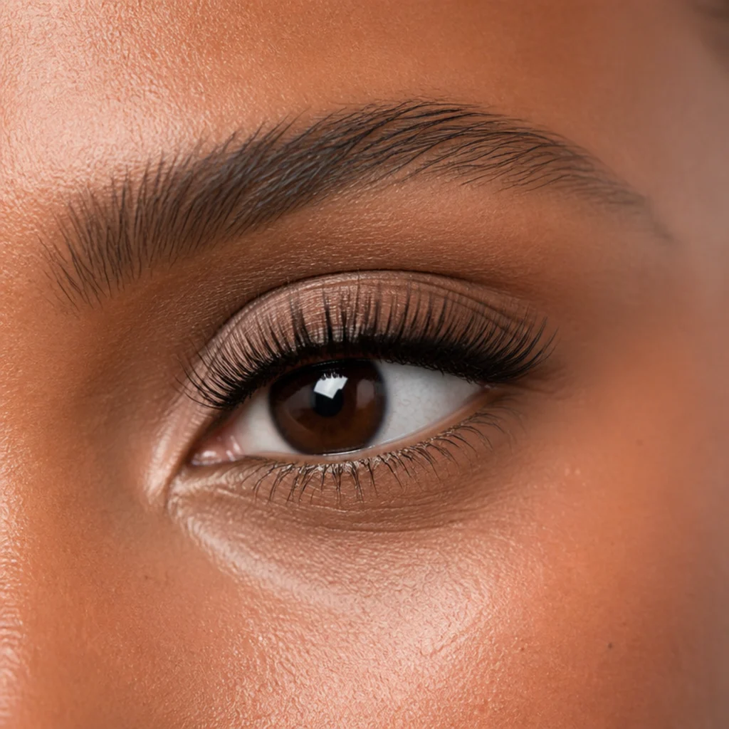 Deep-set eye with a dramatic forward curl bringing lashes out from beneath a prominent brow bone
