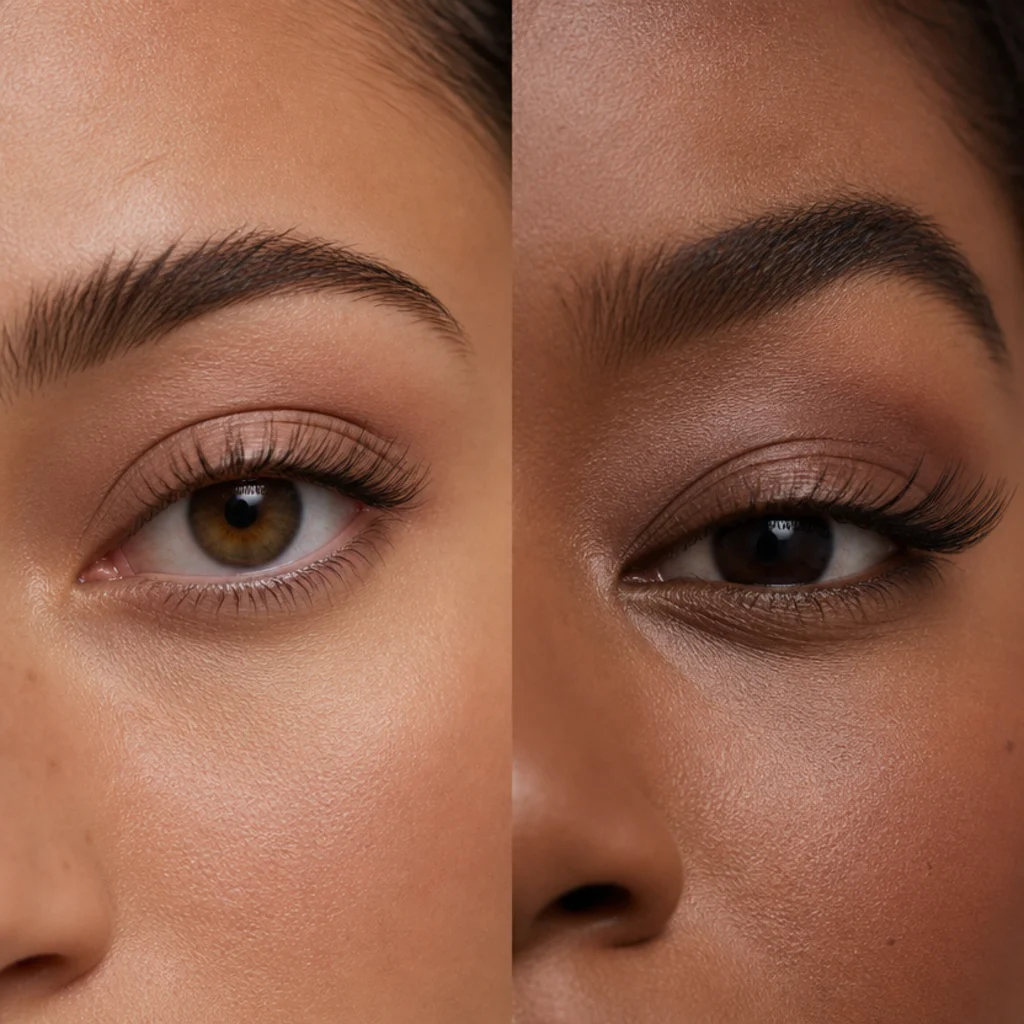 Split comparison of almond and hooded eyes showing center-length mapping versus outer-length mapping