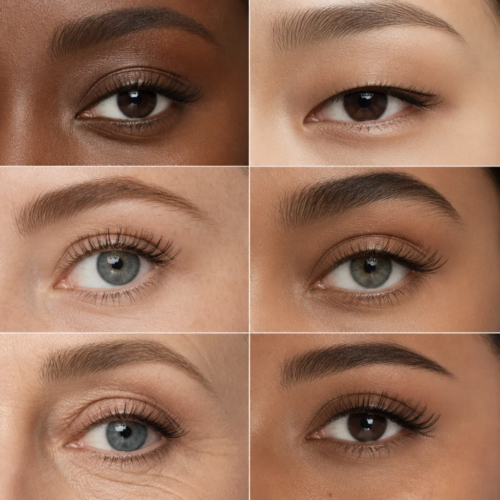 Close-up editorial grid of six models with different eye shapes showing lash mapping length placement