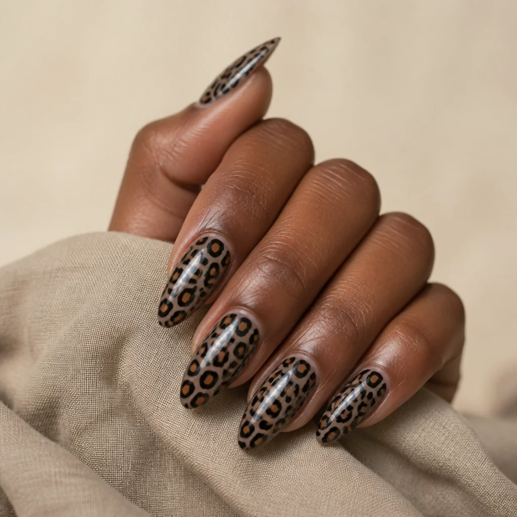 Almond acrylic nails with black leopard outlines and caramel centers over a warm taupe base, hand resting on linen