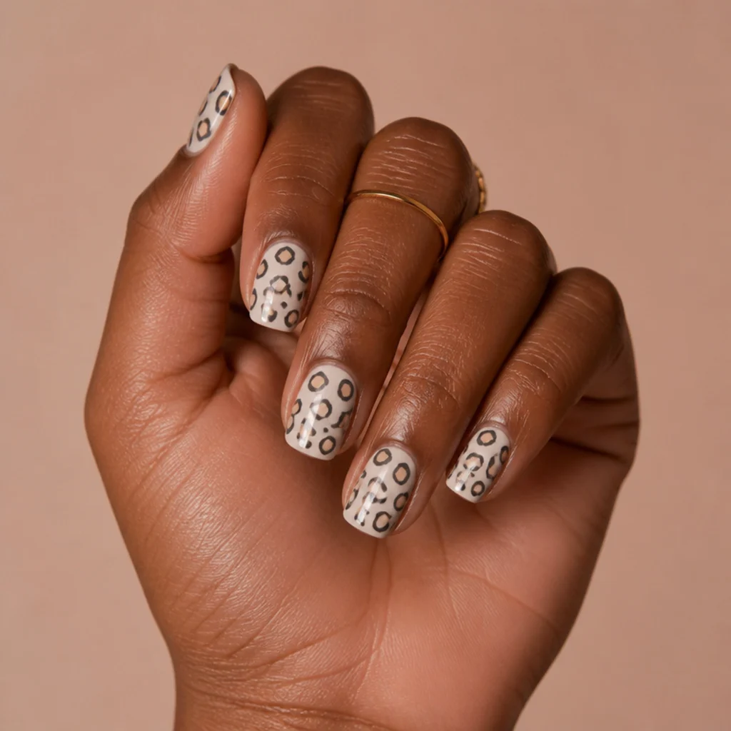 Squoval nails in soft cream with charcoal-outlined gold leopard spots on a deeper skin tone, clean cuticles