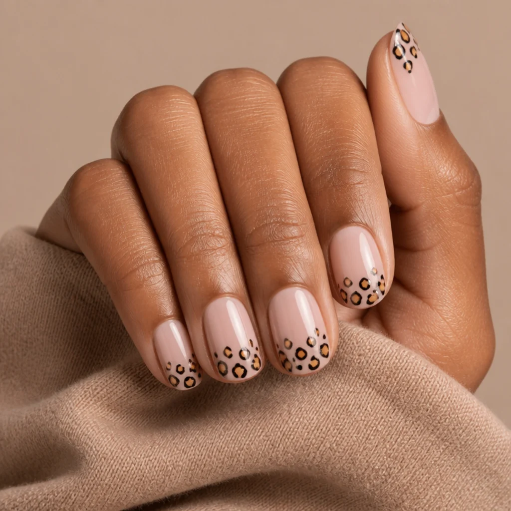 Short round natural nails with a light scatter of two-tone black leopard spots on a warm blush base, relaxed hand