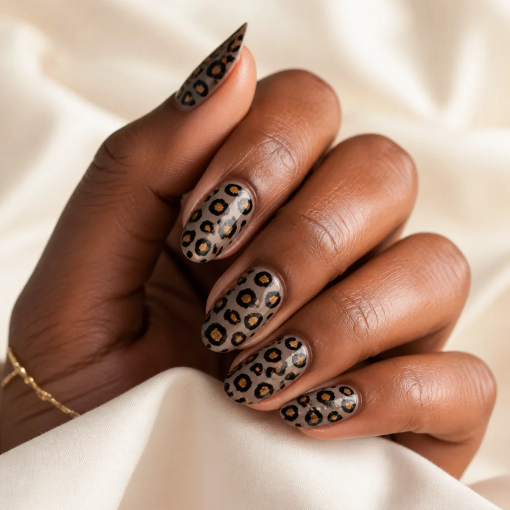 Close editorial macro of almond nails with hand-painted black and amber leopard spots on a warm ivory background
